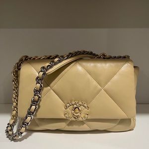 Authentic Lambskin Quilted Medium Chanel 19 Flap Dark Beige